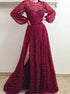 A Line Scoop Burgundy Long Sleeves Tulle Beadings Prom Dress with Slit LBQ2577
